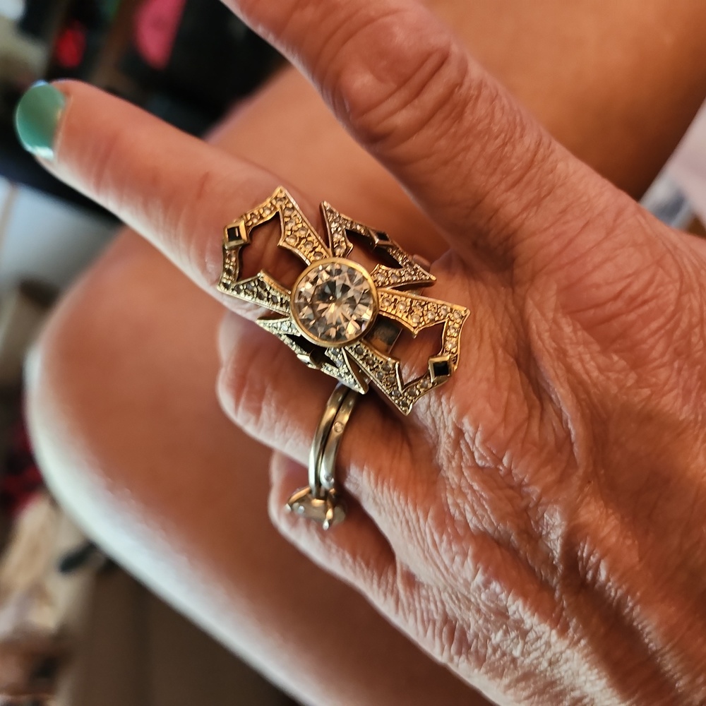 18k gold cross Moissanite statement ring with 4 sapphires